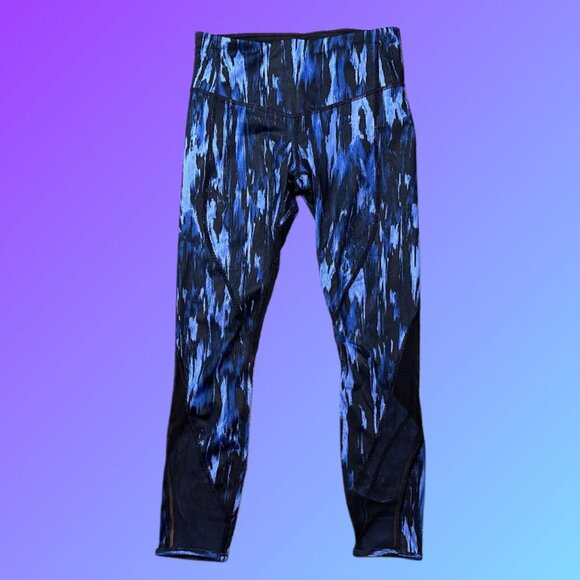 Lululemon Painted Animal Print Blue & Black Mesh Cropped Leggings Size 4 - Picture 1 of 5